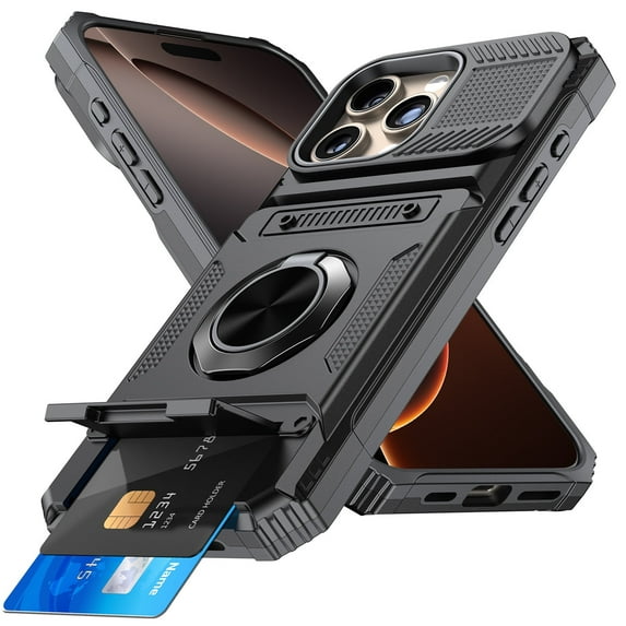 Elegant Choise Case with Screen Protectors with Flip Card Slot and Kickstand for iPhone 16 Pro Max/16 Pro/16 Plus/16 Heavy Duty Rugged Phone Cover, Black