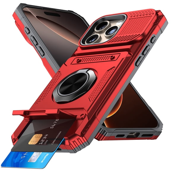 Elegant Choise Case with Screen Protectors with Flip Card Slot and Kickstand for iPhone 16 Pro Max/16 Pro/16 Plus/16 Heavy Duty Rugged Phone Cover, Red