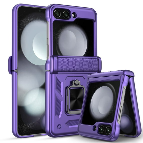 Elegant Choise Case for Samsung Galaxy Z Flip 5 5G Shockproof Pone Cover with Slide Camera Lens Protector and Ring Stand, Purple
