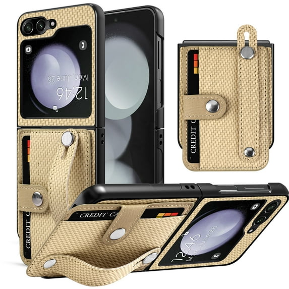 Elegant Choise Case with Credit Card Holder for Samsung Galaxy Z Flip 5 5G Wristband Stand Leather Phone Cover, Khaki