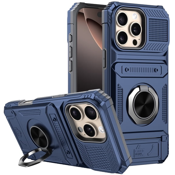 Elegant Choise Case with Flip Card Slot and Kickstand for iPhone 16 Pro Max/16 Pro/16 Plus/16 Heavy Duty Rugged Phone Cover, Blue