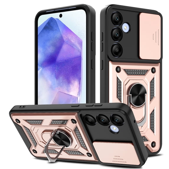 Elegant Choise Case with Ring Stand and Slide Camera Lens for Samsung Galaxy A55/A25/A15 5G 6.5inch Phone Cover, Pink