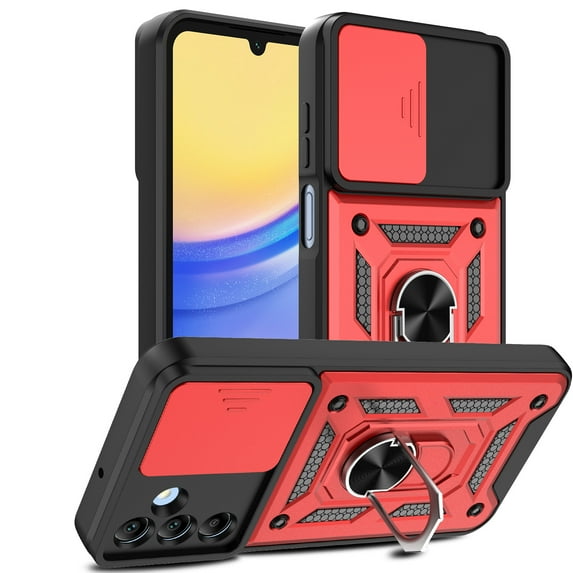 Elegant Choise Case with Ring Stand and Slide Camera Lens for Samsung Galaxy A55/A25/A15 5G 6.5inch Phone Cover, Red