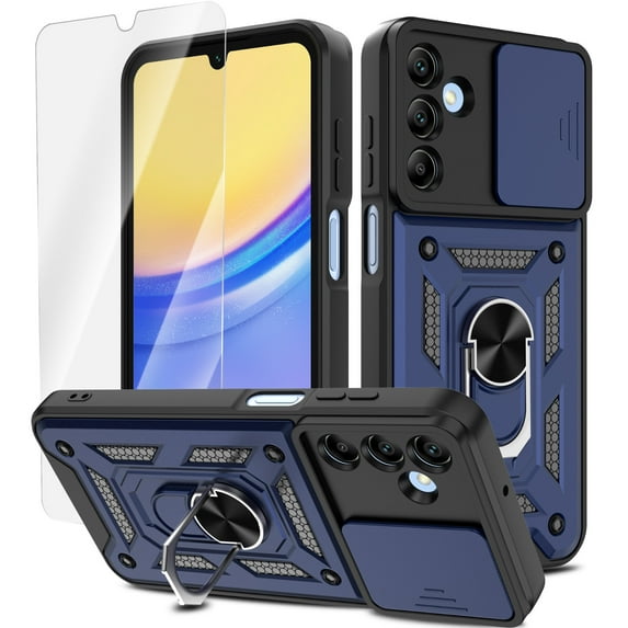 Elegant Choise Case with Screen Protector for Samsung Galaxy A15 5G Slide Camera Lens Protection Phone Cover with Stand, Blue