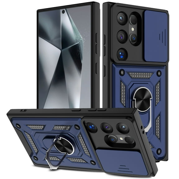 Elegant Choise Case with Screen Protector with Ring Stand and Slide Camera Lens for Samsung Galaxy S24 Ultra/S24 Plus/S24, Blue