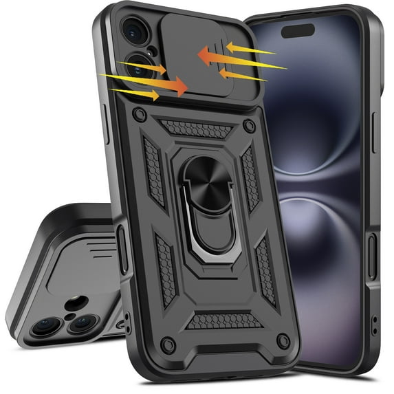 Elegant Choise Case with Screen Protectors for iPhone 16 Pro Max/16 Pro/16 Plus/16 Heavy Phone Cover with Ring Stand and Slide Camera Lens, Black