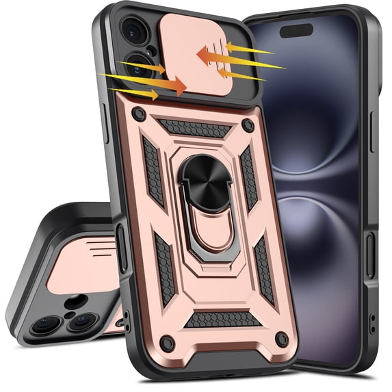 Elegant Choise Case with Screen Protectors for iPhone 16 Pro Max/16 Pro/16 Plus/16 Heavy Phone Cover with Ring Stand and Slide Camera Lens, Pink