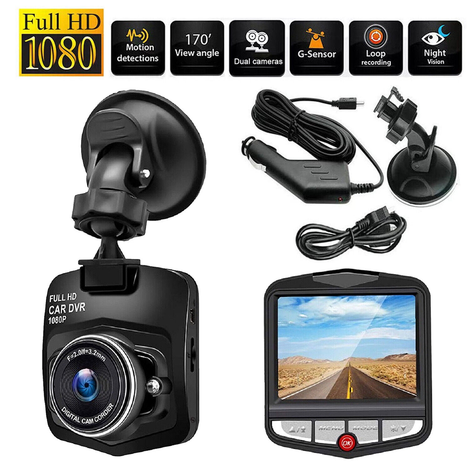 SKUSHOPS D0102H2CHZU-Black Dual Lens Car DVR Dash Cam Video Recorder 1080P  Front Inside Camera G-sensor Motion Detection Night Vision Driving Vehicle