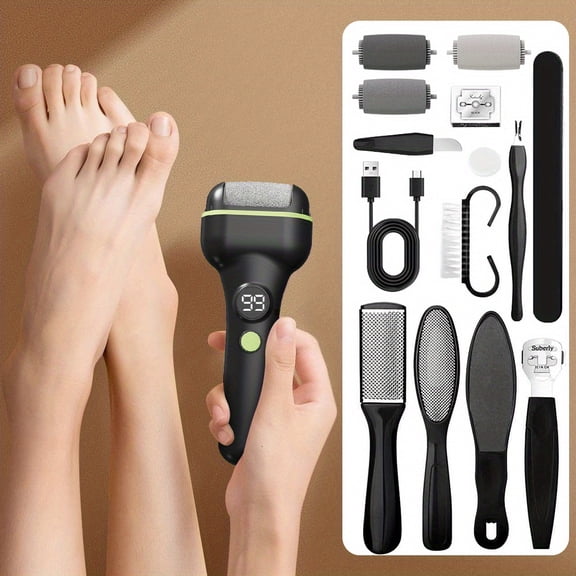 Elegant Choise Electric Rechargeable LED Digital Display Foot Polisher Foot Healing Tissue Remover, Stainless Steel Foot File Set, Professional Odorless Pedicure Removal and Foot Care