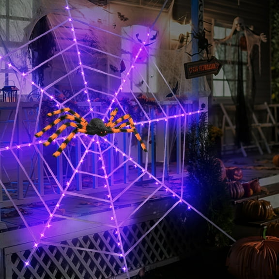 Elegant Choise Halloween Decorations 2.95ft Orange and Black Spider with 11.8ft Circular Cobweb with LED Light