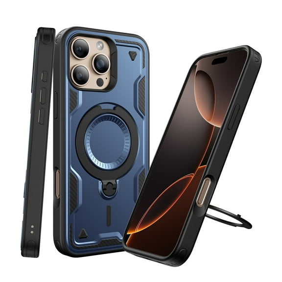 Elegant Choise Magnetic Case with Screen Protectors for iPhone 16 Pro Max/16 Pro/16 Plus/16 Dual-layer Full Protective Phone Cover with Ring Kickstand, Blue