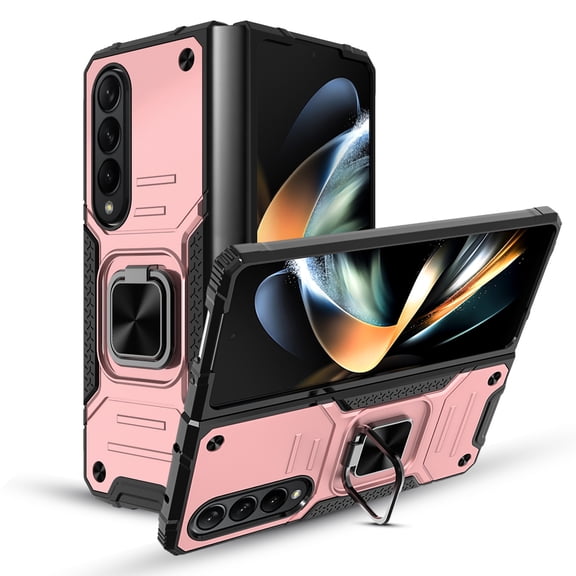 Elegant Choise Phone Case for Samsung Galaxy Z Fold 4 Shockproof Heavy Duty Protective Cover with Ring Stand, Pink
