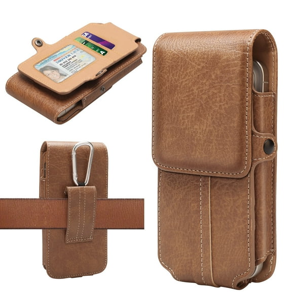 Elegant Choise Phone Holster Case with Belt Clip and Card Holder Vertical Leather Pouch for Men 5.2"-6.5", Brown