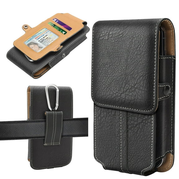 Elegant Choise Phone Holster Case with Belt Clip and Card Holder Vertical Leather Pouch for Men 6.5"-7.2", Black