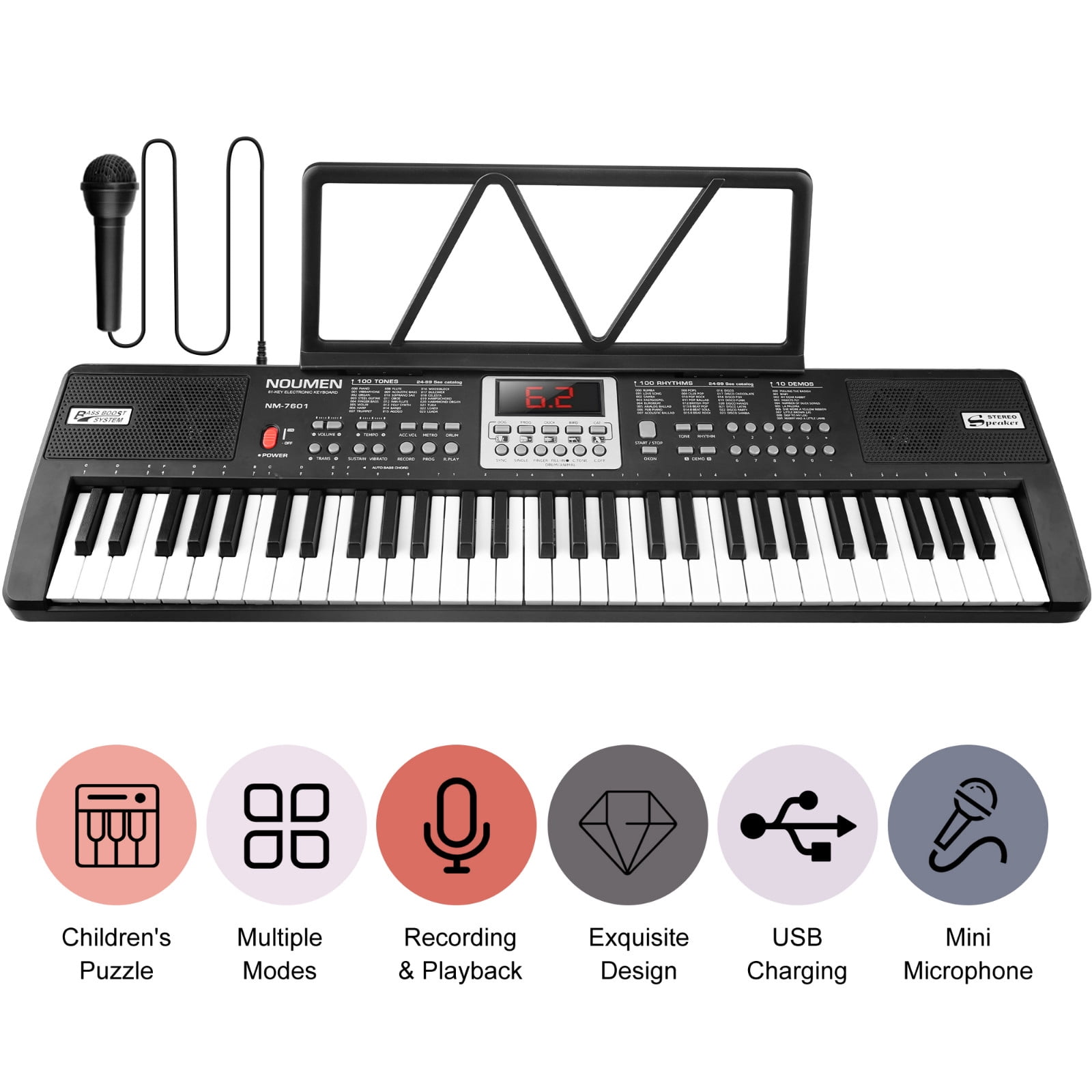 Elegant Choise Piano Keyboard for Kids 61 Key Electronic Organ with Microphone , Black