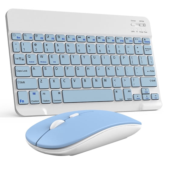 Elegant Choise Wireless Bluetooth Keyboard and Mouse Set Rechargeable for iPad Laptop Mac PC, Blue