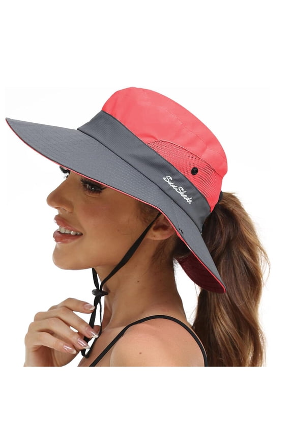 Womens Summer Sun Hat Beach Hat Wide Brim Outdoor UV Protection Hat Foldable Cool Mesh Ponytail Bucket Hat
