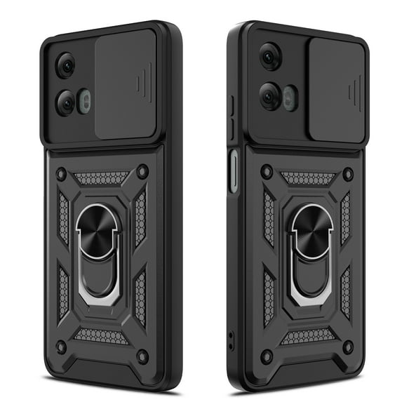 Elegant Choise for Moto G 5G 2024 Case with Screen Protector Slide Camera Lens Protection Phone Cover with Stand, Black