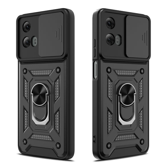 Elegant Choise for Moto G 5G 2024 Case with Screen Protector Slide Camera Lens Protection Phone Cover with Stand, Black