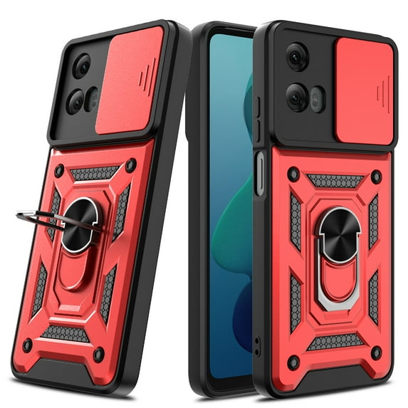 Elegant Choise for Moto G 5G 2024 Case with Screen Protector Slide Camera Lens Protection Phone Cover with Stand, Red
