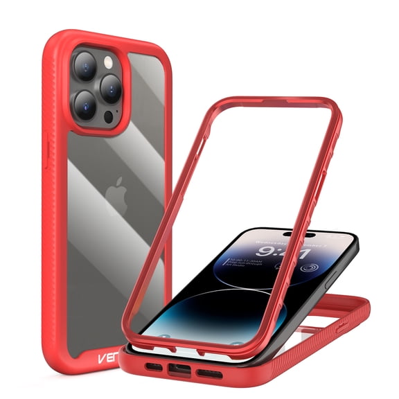 Elegant Choise for iPhone 14 Case with Built-in Back Protector Shockproof Phone Cover, Red