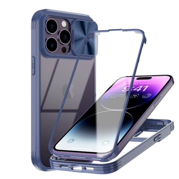 Elegant Choise for iPhone 14 Plus Case with Slide Camera Lens Full Coverage Hybrid Hard Phone Cover, Blue