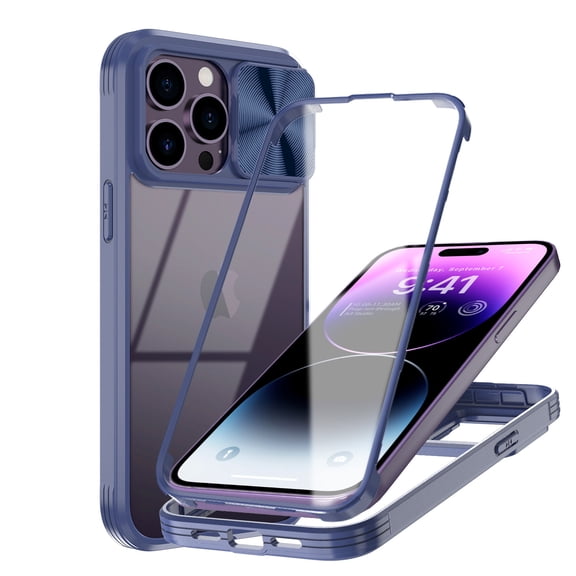 Elegant Choise for iPhone 14 Plus Case with Slide Camera Lens Full Coverage Hybrid Hard Phone Cover, Blue