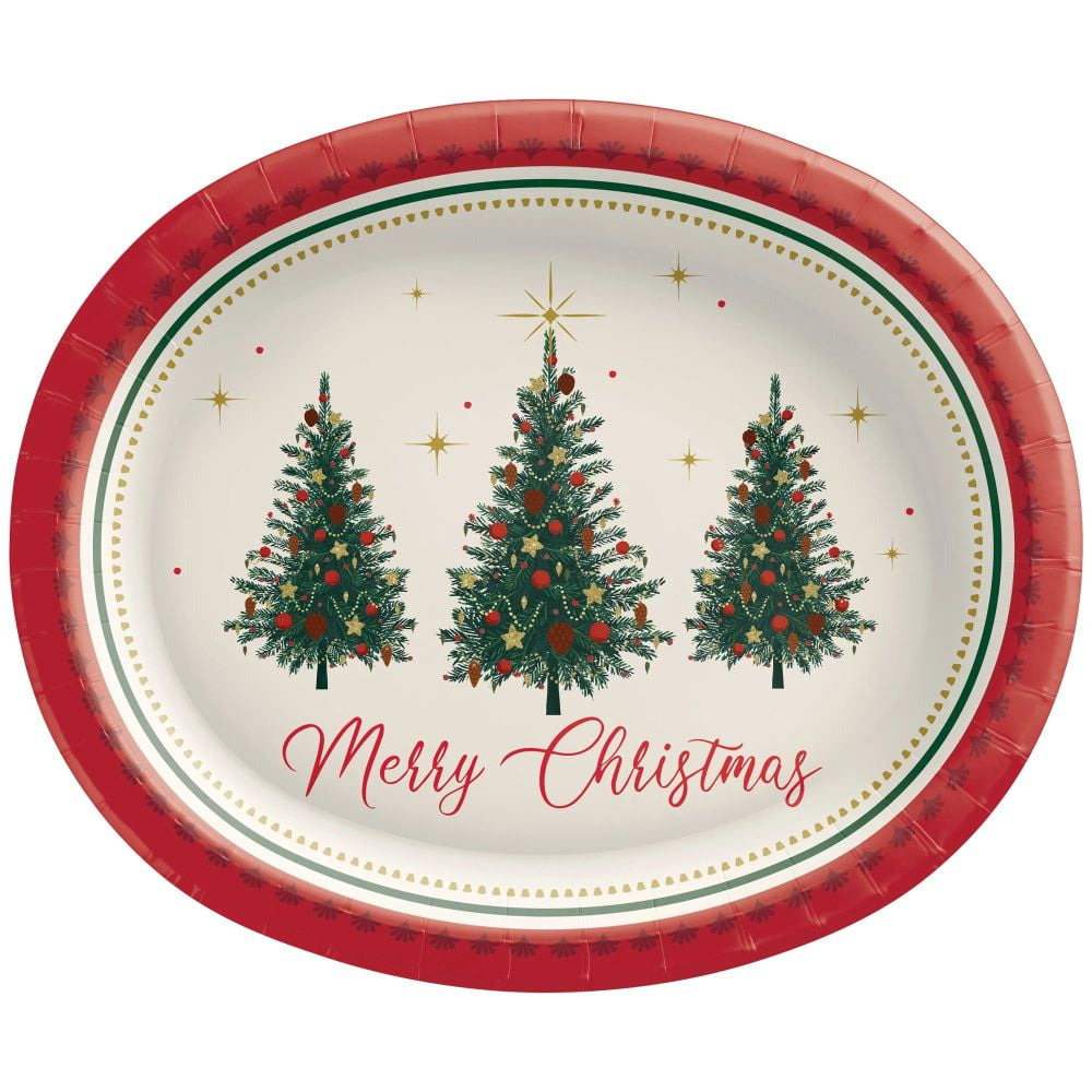 Elegant Christmas Evergreen 12-inch Oval Paper Plates 20 Per Pack