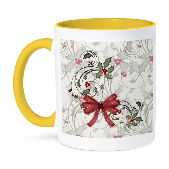 3dRose, Elegant Christmas Holly and Berries Pattern, Bow and Winter Greenery, 11oz Two-Tone Yellow Mug