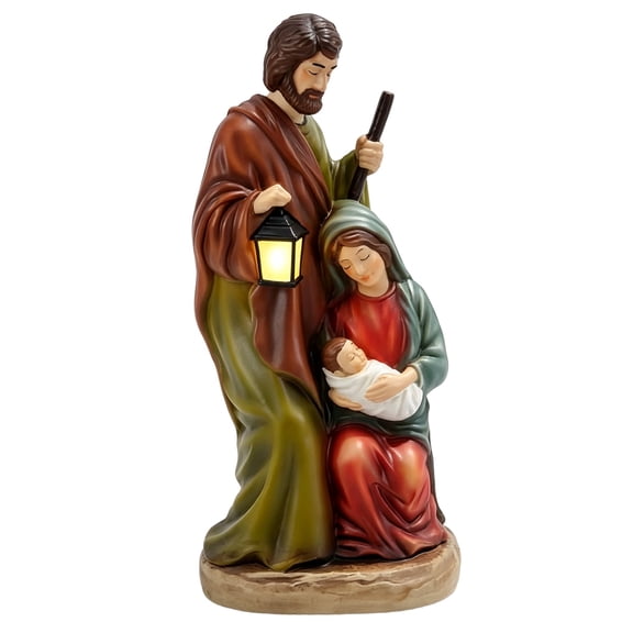 Elegant Christmas Nativity Scene, Hand Painted Resin Holy Family Figurine With a Warm LED, 7.9 in Tabletop Statue for Mantel, Bookshelf and Church Display