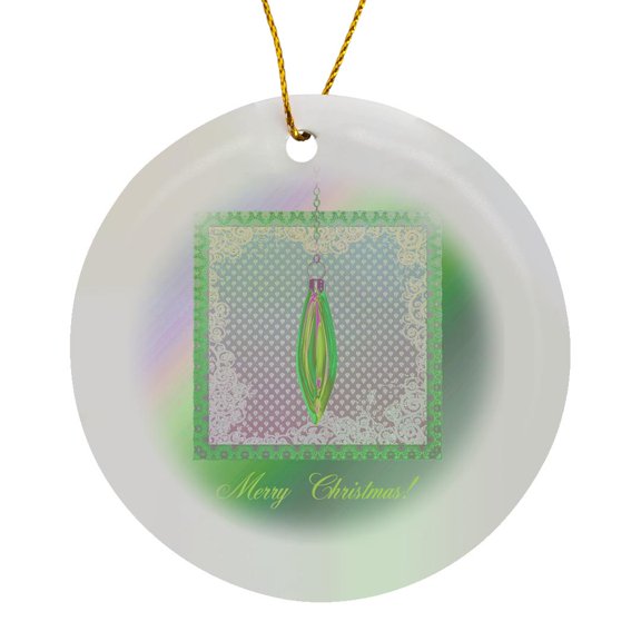 3drose, Elegant Christmas Ornament, Lime Green and Pink, Circle Porcelain Ornament