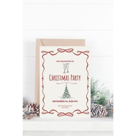 Elegant Christmas Party Invitation Card  Rustic Design with Tree and Bows  Perfect for Holiday Gatherings, Includes Envelope, Customizable Text