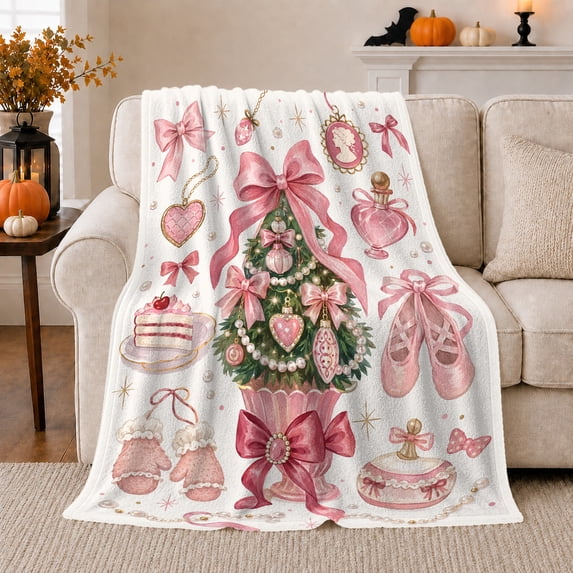 Elegant Christmas Tree Pink Bows Gifts Holiday Illustration, Festive Holiday Scene, Warm Flannel Blanket for Living Room and Family Room, Art Lovers Christmas Gift, Festive Home Decor