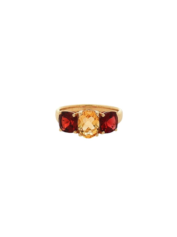 Elegant Citrine & Garnet Three-Stone Sterling Silver Ring