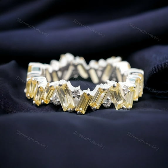 Elegant Citrine Wedding Band Women Diamond Matching Band Unique Design Stackable Band November Birthstone Gift Jewelry Bridal Silver Bands