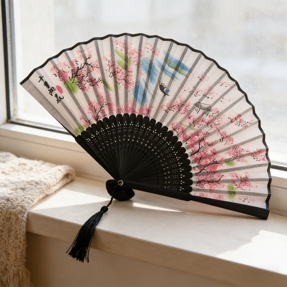 Elegant Classic Folding Hand Fan, Durable Bamboo Ribs with Soft Silk Fabric, Delicate Tassel Decoration, Portable Vintage Style Fan for Stage Performance Wedding Party and Home Decor, 15*8.3in, E