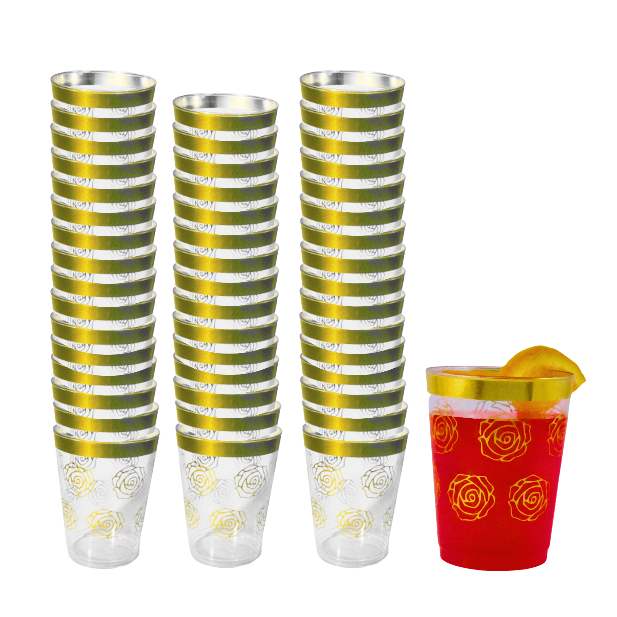 Elegant, Classy Disposable Plastic Glasses/Cups with Gold Rim and