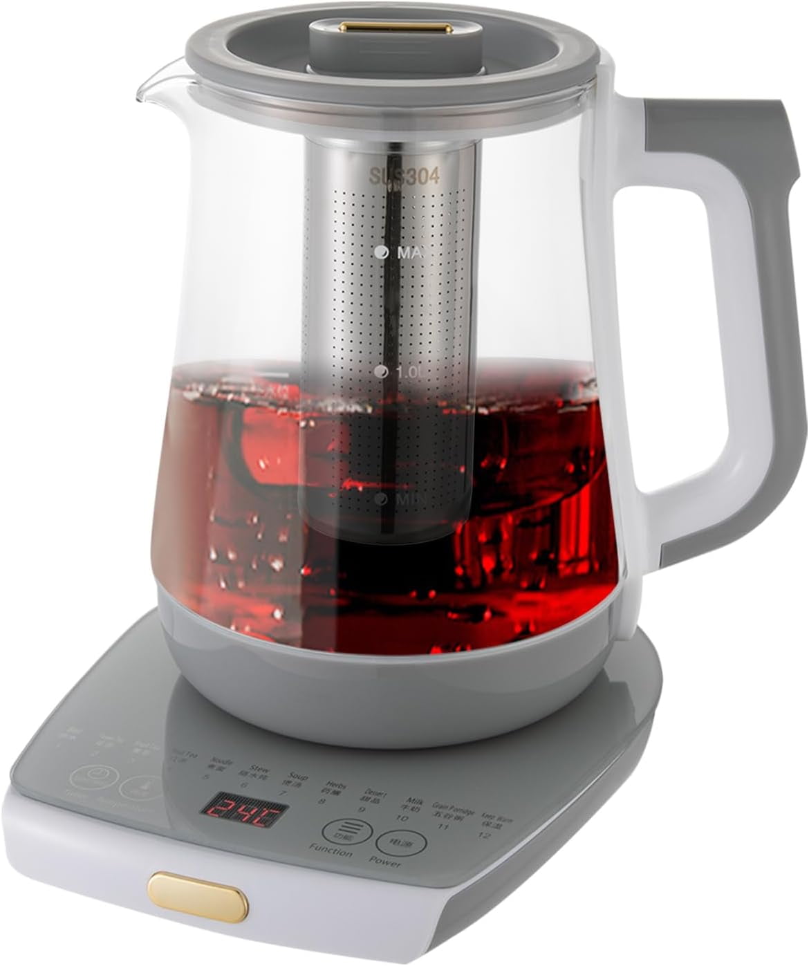 Elegant Clear Glass Kettle,Stainless Steel 1.8L Tea Maker Water Boiler, Multifunctional Electric Kettle Teapot Egg Boiler Soup Cooker with Strainer and Egg Holder