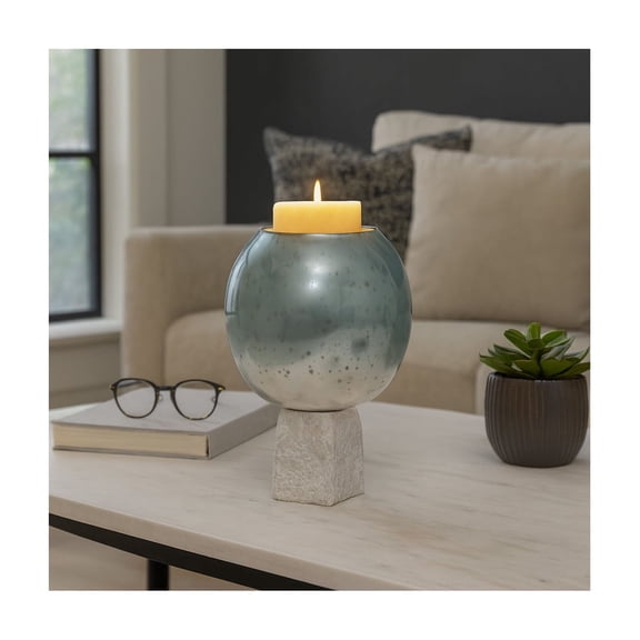 Glass Bowl Candle Holder with Marble Base - Decorative Pillar Candlestick Holder for Coffee Table Centerpieces or Bedroom Decor - Elegant Home Decor Accents for Office or Shelf Decor - 15", Blue