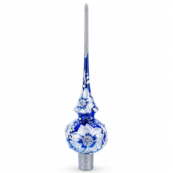 Elegant Cobalt Bloom with Glittering Accents Glass Christmas Tree Topper