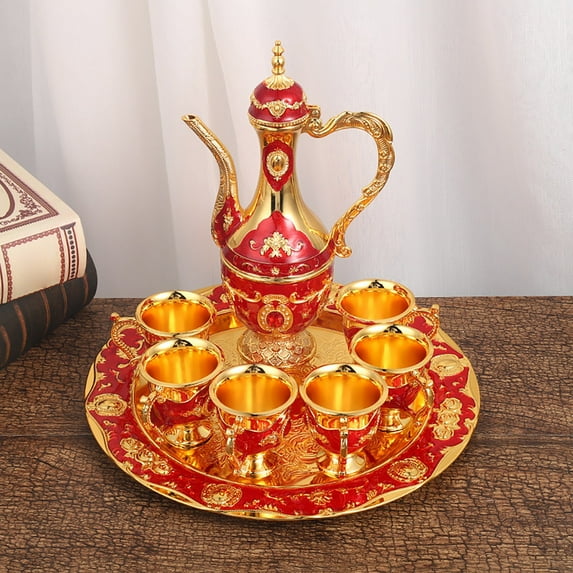Elegant Coffee Pot Cups Set with Tray and 6 Retro Cups Exquisite Service Decorative Tea Set for Home Gatherings