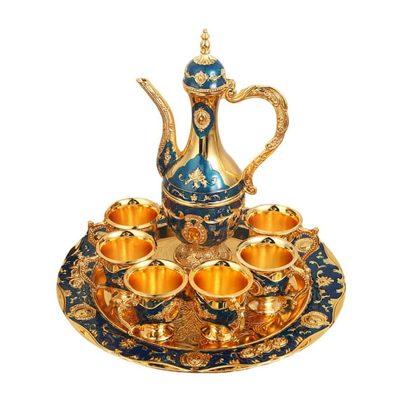 Elegant Coffee Pot Cups Set with Tray and 6 Retro Cups Exquisite Service Decorative Tea Set for Home Gatherings