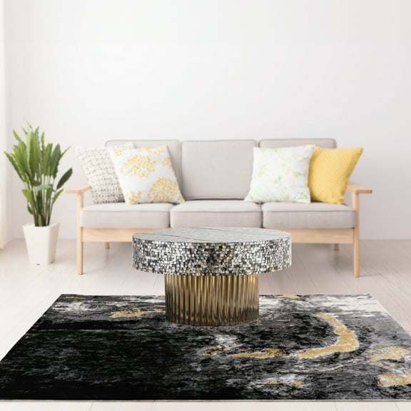 Elegant Coffee Table With Stainless Steel Base And Mother Of Pearl Details, Brass Finish, Modern Elegance, 32"x32"x17", 38 Lb Table: Foundation, Tabletop, 32x32x17, Lbs
