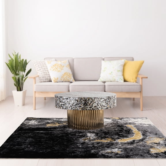 Elegant Coffee Table With Stainless Steel Base And Mother Of Pearl Inlay, Brass Finish, Modern, 32"x32"x17", 38 Lb Modern Table: Construction, Top Design, 32x32x17, Lbs