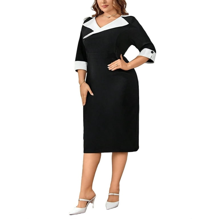 Elegant Colorblock Fitted Dress Lapel Neck Black and White Plus Size Dresses Women s Size 4XL 20