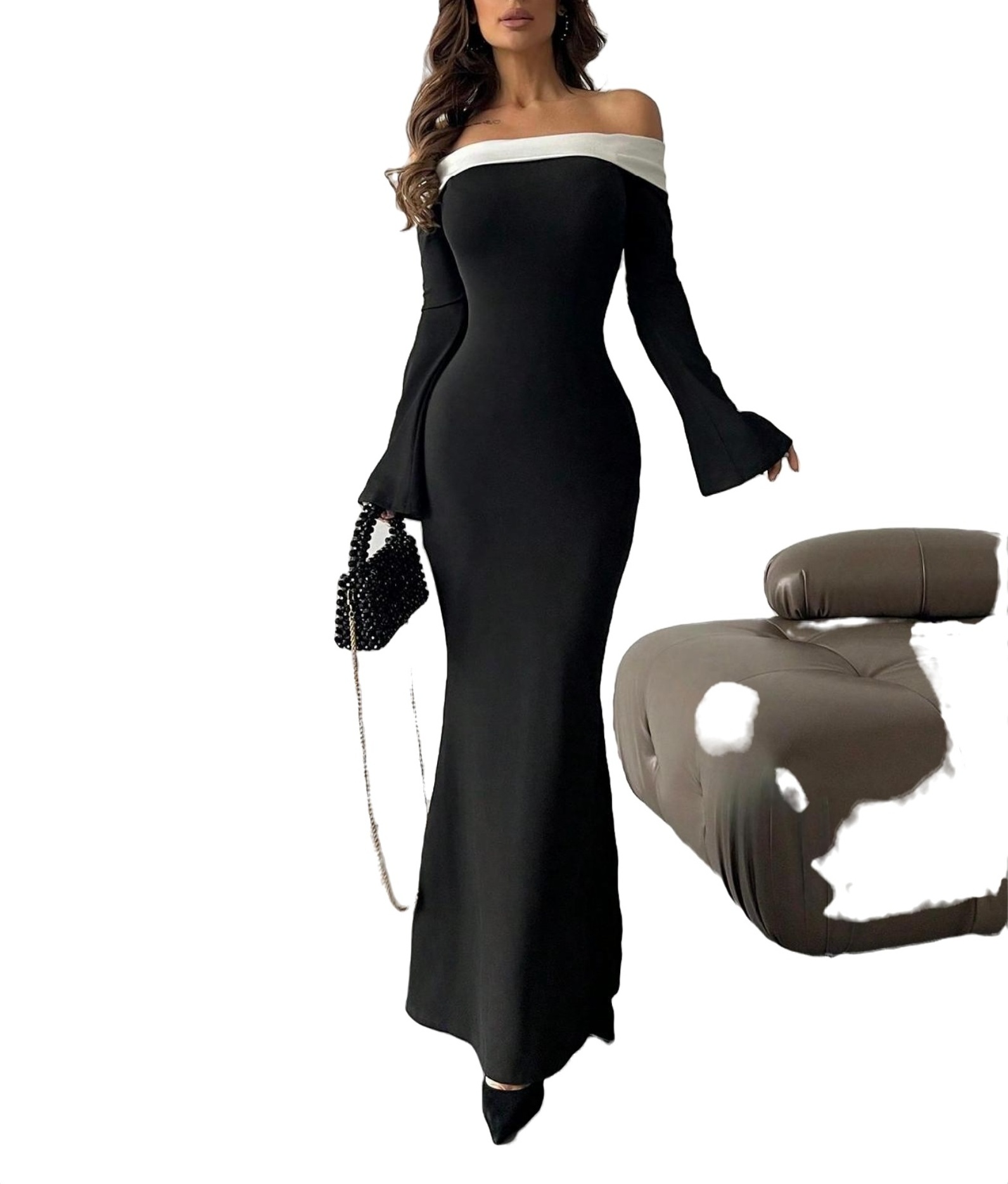 Elegant Colorblock Fitted Dress Off the Shoulder Black and White Women