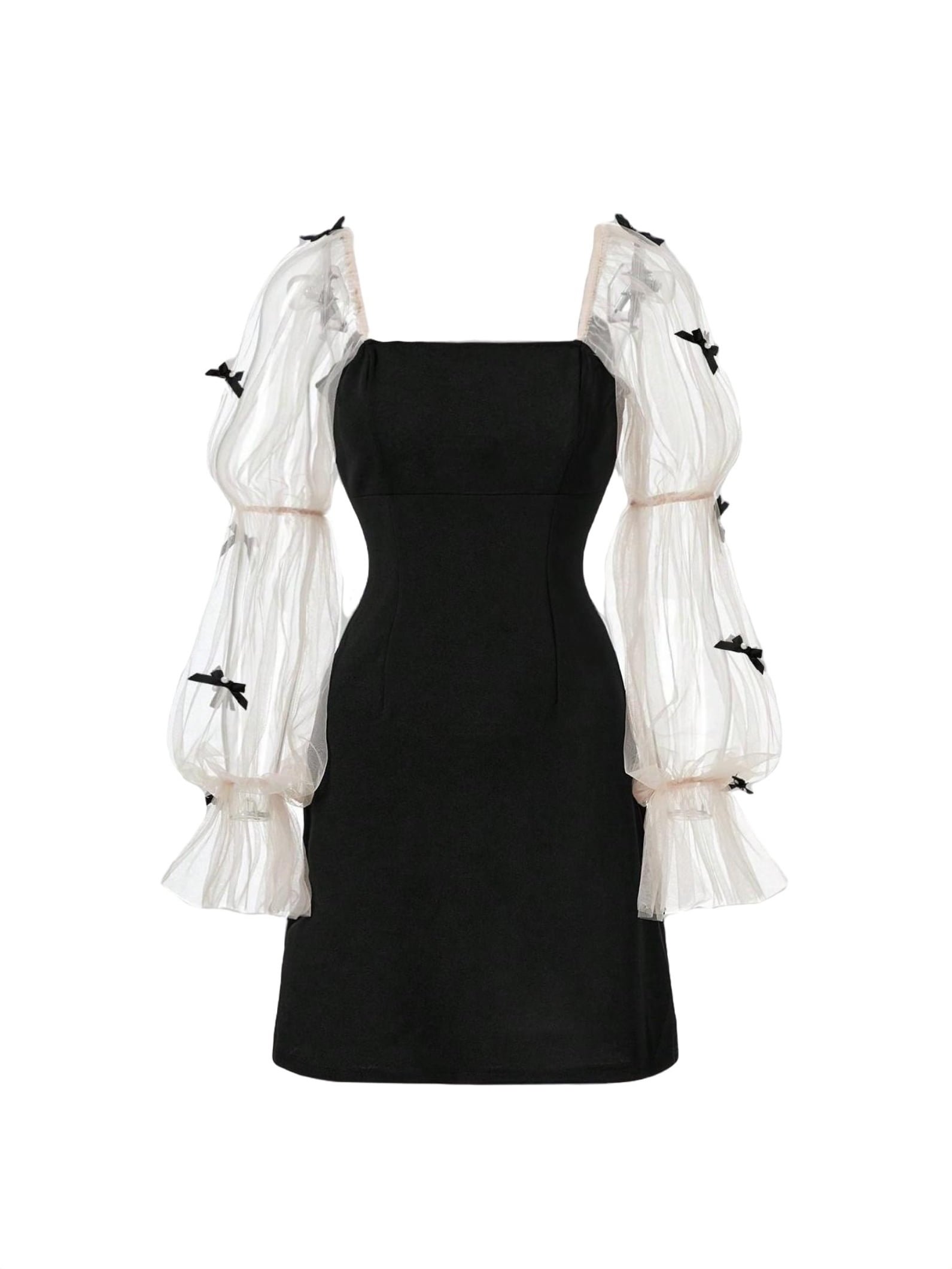 Elegant Colorblock Fitted Dress Square Neck Black Women Dresses