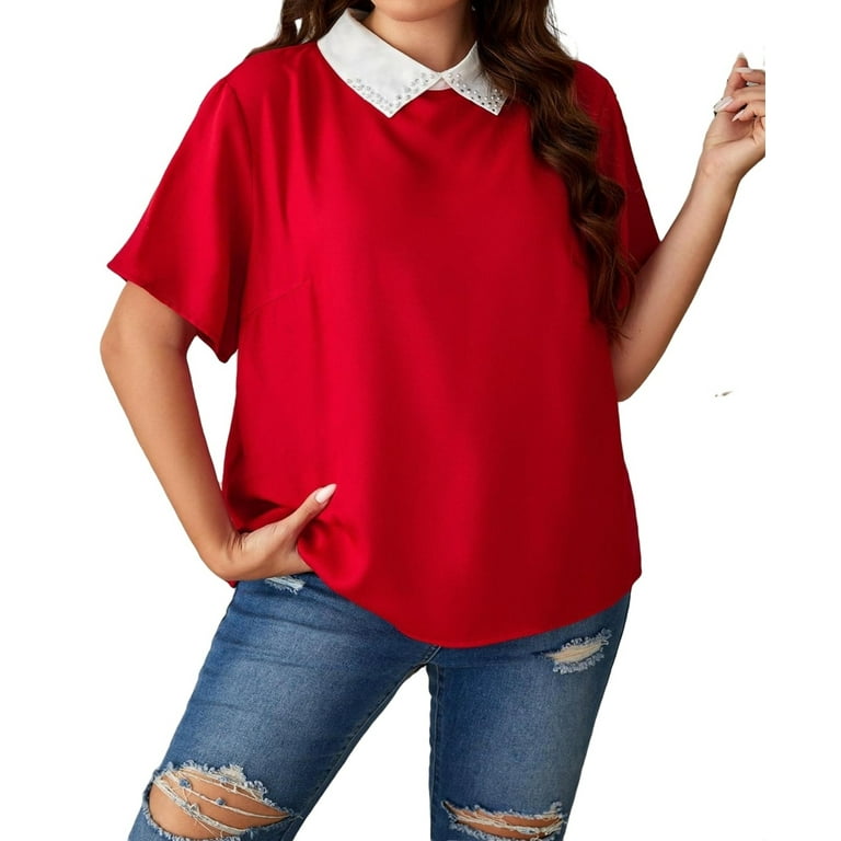 Elegant Colorblock Top Short Sleeve Red Plus Size Blouses Women s Plus