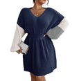 Elegant Colorblock V neck Long Sleeve Navy Blue Plus Size Sweater