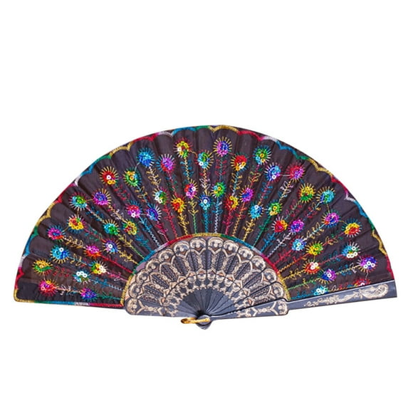 Elegant Colorful Embroidered Flower Peacock Pattern Sequin Fabric Folding Handheld Hand Fan Hand-Crafted (A-Red)